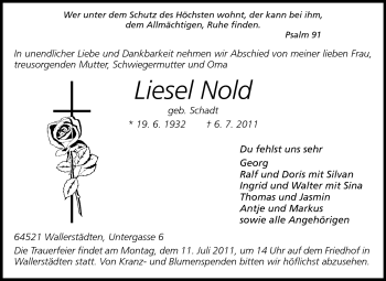 Traueranzeige von Liesel Nold von Rüsselsheimer Echo, Groß-Gerauer-Echo, Ried Echo