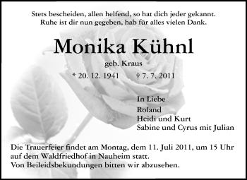 Traueranzeige von Monika Kühnl von Rüsselsheimer Echo, Groß-Gerauer-Echo, Ried Echo