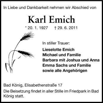 Traueranzeige von Karl Emich von Odenwälder Echo