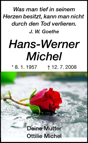 Traueranzeige von Hans-Werner Michel von Darmstädter Echo, Odenwälder Echo, Rüsselsheimer Echo, Groß-Gerauer-Echo, Ried Echo
