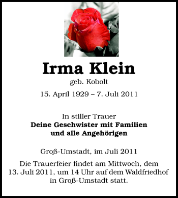 Traueranzeige von Irma Klein von Echo-Zeitungen (Gesamtausgabe)