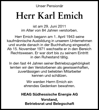Traueranzeige von Karl Emich von Echo-Zeitungen (Gesamtausgabe)