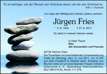Traueranzeige von Jürgen Fries von Darmstädter Echo, Odenwälder Echo, Rüsselsheimer Echo, Groß-Gerauer-Echo, Ried Echo
