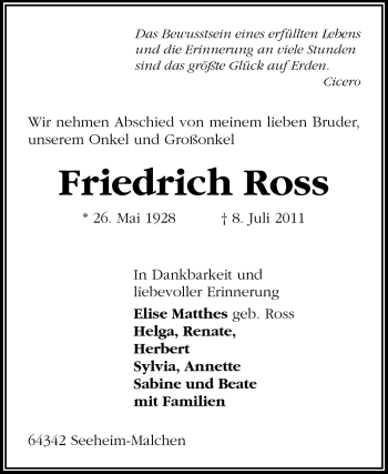 Traueranzeige von Friedrich Ross von Echo-Zeitungen (Gesamtausgabe)