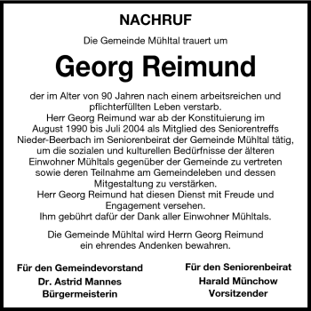 Traueranzeige von Georg Reimund von Echo-Zeitungen (Gesamtausgabe)