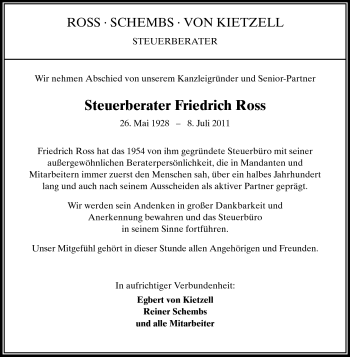Traueranzeige von Friedrich Ross von Echo-Zeitungen (Gesamtausgabe)