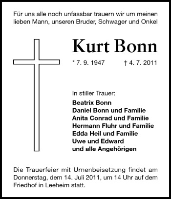 Traueranzeige von Kurt Bonn von Rüsselsheimer Echo, Groß-Gerauer-Echo, Ried Echo