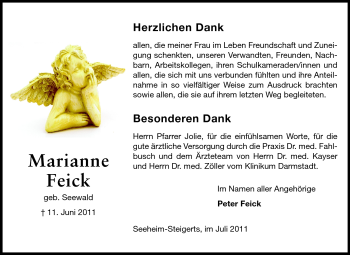Traueranzeige von Marianne Feick von Darmstädter Echo, Odenwälder Echo, Rüsselsheimer Echo, Groß-Gerauer-Echo, Ried Echo
