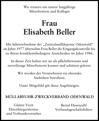 Traueranzeige von Elisabeth Beller von Odenwälder Echo