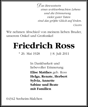 Traueranzeige von Friedrich Ross von Echo-Zeitungen (Gesamtausgabe)