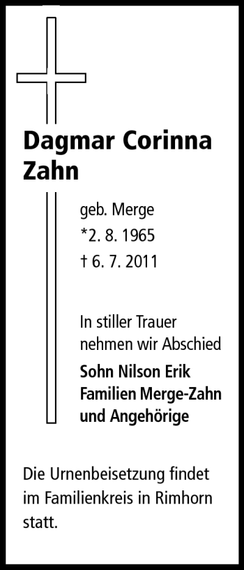 Traueranzeige von Dagmar Corinna Zahn von Odenwälder Echo