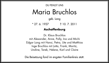 Traueranzeige von Maria Bruchlos von Echo-Zeitungen (Gesamtausgabe)