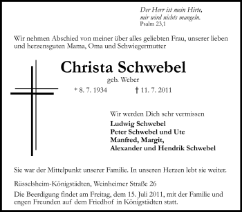 Traueranzeige von Christa Schwebel von Rüsselsheimer Echo, Groß-Gerauer-Echo, Ried Echo