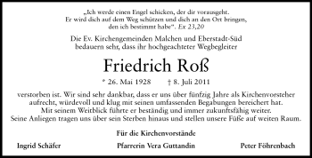 Traueranzeige von Friedrich Roß von Echo-Zeitungen (Gesamtausgabe)