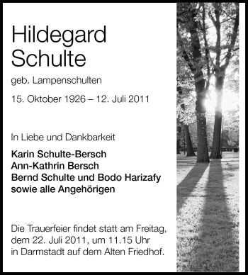 Traueranzeige von Hildegard Schulte von Darmstädter Echo, Odenwälder Echo, Rüsselsheimer Echo, Groß-Gerauer-Echo, Ried Echo