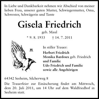 Traueranzeige von Gisela Friedrich von Echo-Zeitungen (Gesamtausgabe)