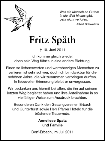 Traueranzeige von Fritz Späth von Odenwälder Echo