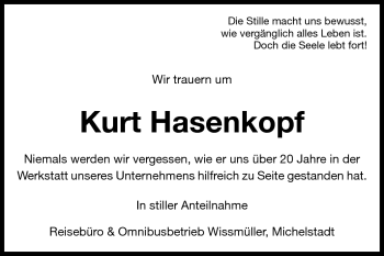 Traueranzeige von Kurt Hasenkopf von Odenwälder Echo