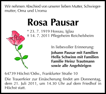 Traueranzeige von Rosa Pausar von Echo-Zeitungen (Gesamtausgabe)