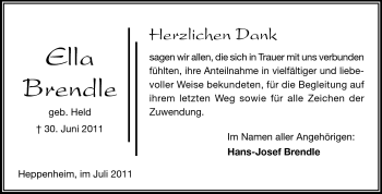 Traueranzeige von Ella Brendle von Starkenburger Echo
