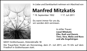 Traueranzeige von Manfred Mitzkatis von Darmstädter Echo, Odenwälder Echo, Rüsselsheimer Echo, Groß-Gerauer-Echo, Ried Echo