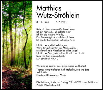 Traueranzeige von Matthias Wutz-Ströhlein von Odenwälder Echo