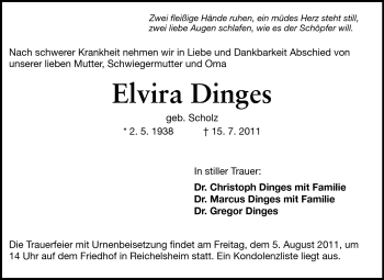 Traueranzeige von Elvira Dinges von Odenwälder Echo
