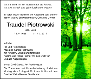 Traueranzeige von Traudel Piotrowski von Rüsselsheimer Echo, Groß-Gerauer-Echo, Ried Echo