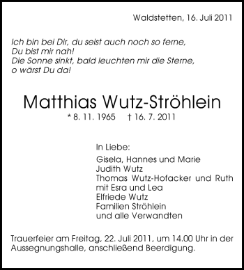 Traueranzeige von Matthias Wutz-Ströhlein von Odenwälder Echo