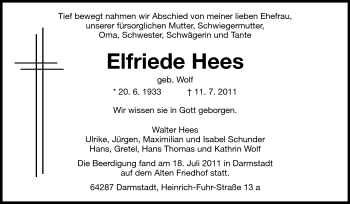 Traueranzeige von Elfriede Hees von Darmstädter Echo, Odenwälder Echo, Rüsselsheimer Echo, Groß-Gerauer-Echo, Ried Echo