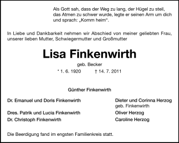 Traueranzeige von Lisa Finkenwirth von Darmstädter Echo, Odenwälder Echo, Rüsselsheimer Echo, Groß-Gerauer-Echo, Ried Echo
