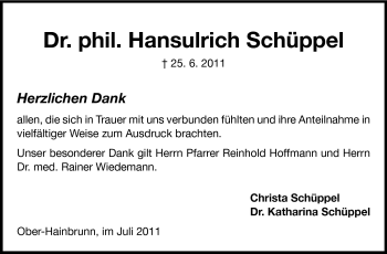 Traueranzeige von Schüppel Hansulrich von Odenwälder Echo
