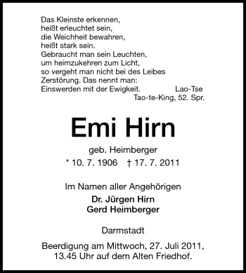 Traueranzeige von Emi Hirn von Echo-Zeitungen (Gesamtausgabe) Traueranzeige von Emi Hirn von Echo-Zeitungen (Gesamtausgabe)