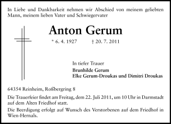 Traueranzeige von Anton Gerum von Darmstädter Echo, Odenwälder Echo, Rüsselsheimer Echo, Groß-Gerauer-Echo, Ried Echo
