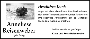 Traueranzeige von Anneliese Reisenweber von Darmstädter Echo, Odenwälder Echo, Rüsselsheimer Echo, Groß-Gerauer-Echo, Ried Echo