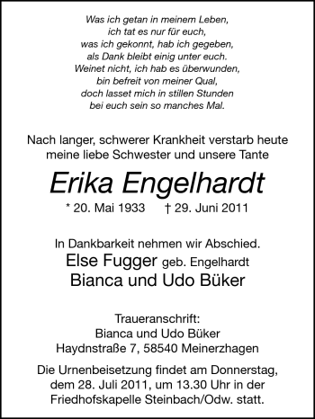 Traueranzeige von Erika Engelhardt von Odenwälder Echo