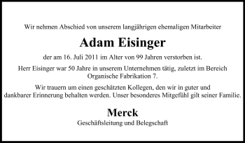 Traueranzeige von Adam Eisinger von Echo-Zeitungen (Gesamtausgabe)