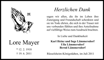 Traueranzeige von Lore Mayer von Rüsselsheimer Echo, Groß-Gerauer-Echo, Ried Echo