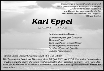 Traueranzeige von Karl Eppel von Odenwälder Echo