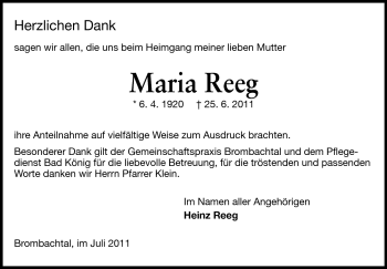 Traueranzeige von Maria Reeg von Odenwälder Echo