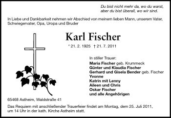 Traueranzeige von Karl Fischer von Rüsselsheimer Echo, Groß-Gerauer-Echo, Ried Echo