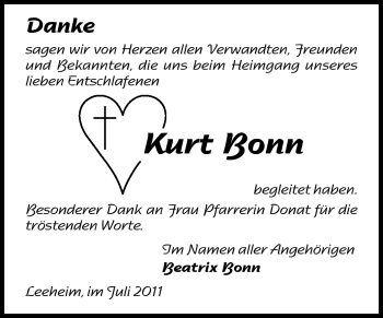 Traueranzeige von Kurt Bonn von Rüsselsheimer Echo, Groß-Gerauer-Echo, Ried Echo