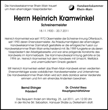 Traueranzeige von Heinrich Kramwinkel von Echo-Zeitungen (Gesamtausgabe)