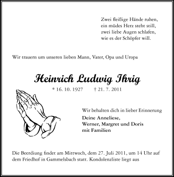 Traueranzeige von Heinrich Ludwig Ihrig von Odenwälder Echo
