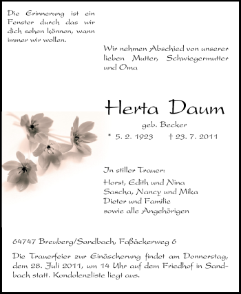 Traueranzeige von Herta Daum von Odenwälder Echo