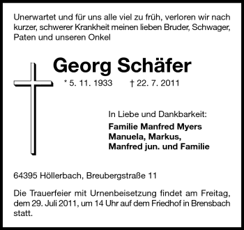 Traueranzeige von Georg Schäfer von Odenwälder Echo