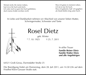 Traueranzeige von Rosel Dietz von Rüsselsheimer Echo, Groß-Gerauer-Echo, Ried Echo