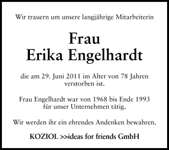 Traueranzeige von Erika Engelhardt von Odenwälder Echo