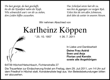 Traueranzeige von Karlheinz Köppen von Odenwälder Echo