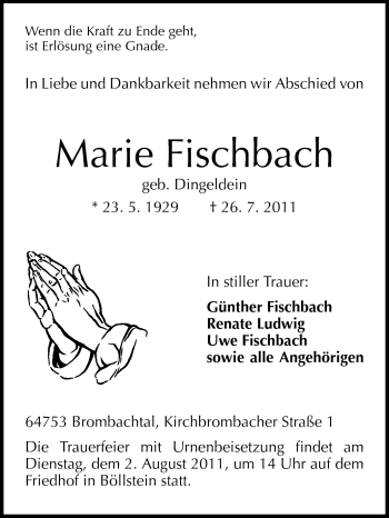 Traueranzeige von Marie Fischbach von Odenwälder Echo
